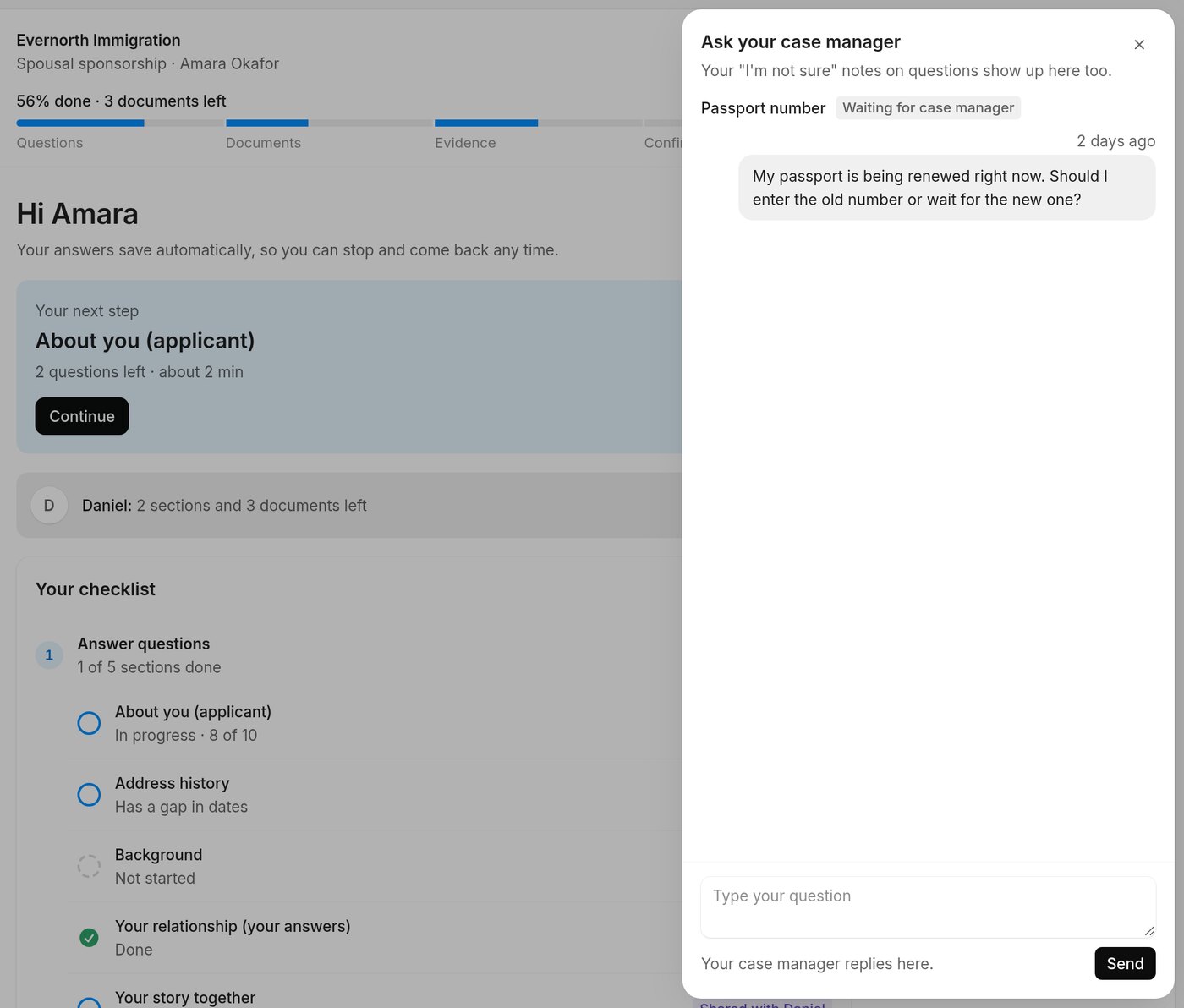 Ask a question: the client's questions and the case manager's replies in one panel