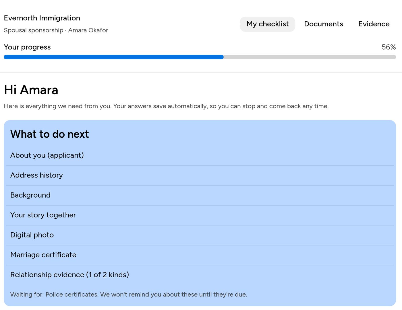 Client home page with a What to do next list