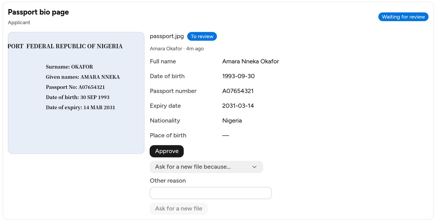 Document review with details read from the passport